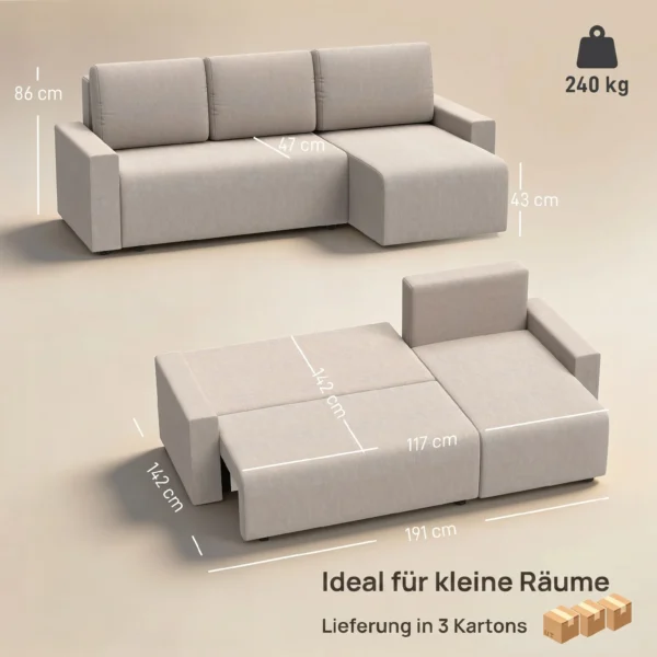 Hoekbank Met Slaapfunctie En Omkeerbare Chaise Longue, L vormige 3 zits Bank Met Fluwelen Bekleding, Beige