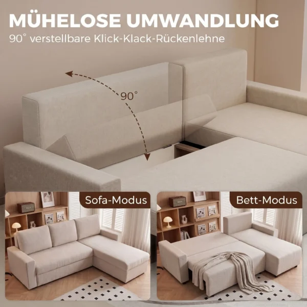 Hoekbank Met Slaapfunctie En Omkeerbare Chaise Longue, L vormige 3 zits Bank Met Fluwelen Bekleding, Beige