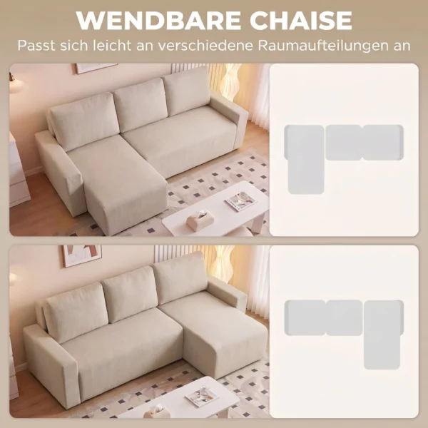 Hoekbank Met Slaapfunctie En Omkeerbare Chaise Longue, L vormige 3 zits Bank Met Fluwelen Bekleding, Beige
