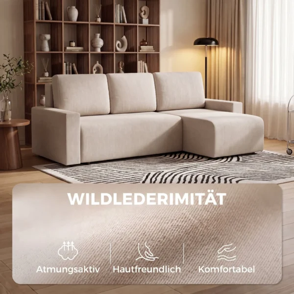 Hoekbank Met Slaapfunctie En Omkeerbare Chaise Longue, L vormige 3 zits Bank Met Fluwelen Bekleding, Beige