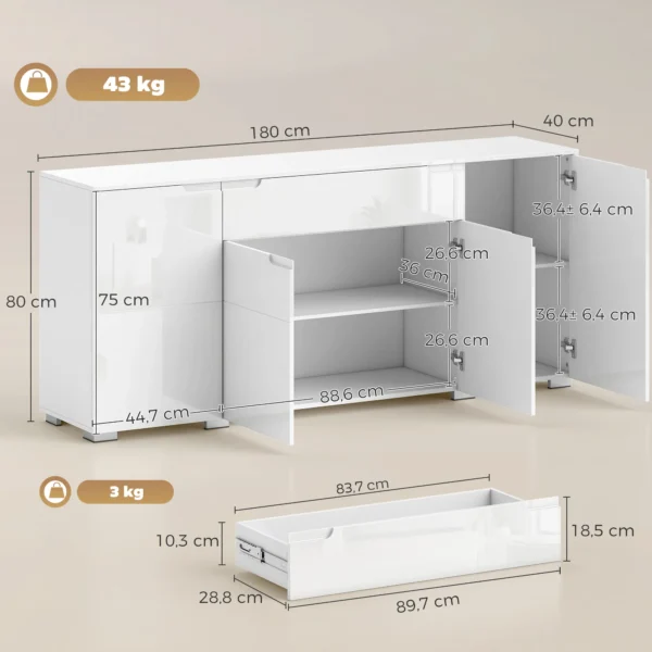 Hoogglans Dressoir, Moderne Commode Met 4 Deuren En Verstelbare Planken, Soft close Functie, Wit