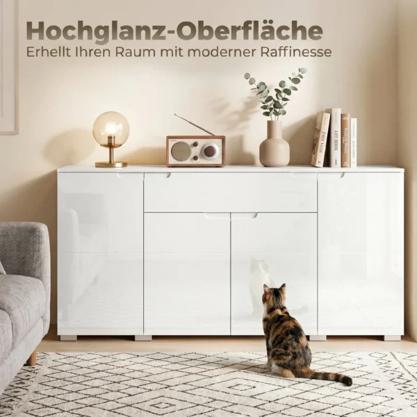 Hoogglans Dressoir, Moderne Commode Met 4 Deuren En Verstelbare Planken, Soft close Functie, Wit