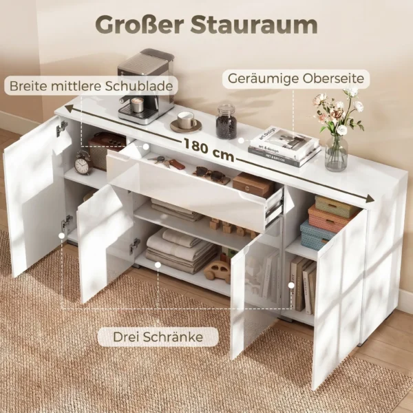 Hoogglans Dressoir, Moderne Commode Met 4 Deuren En Verstelbare Planken, Soft close Functie, Wit