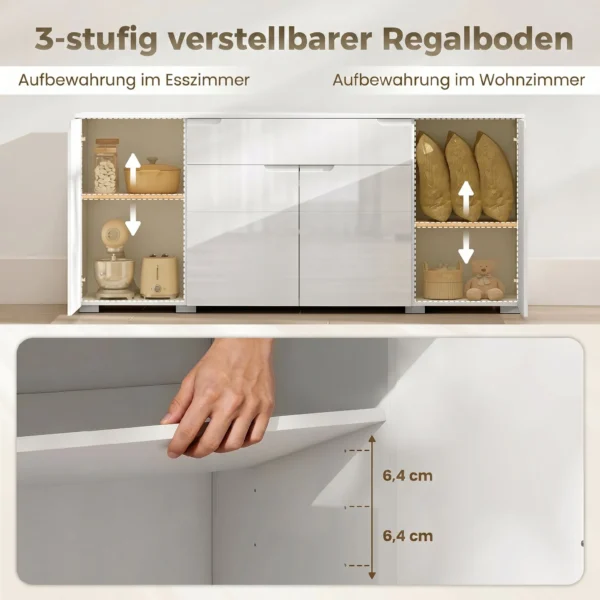 Hoogglans Dressoir, Moderne Commode Met 4 Deuren En Verstelbare Planken, Soft close Functie, Wit