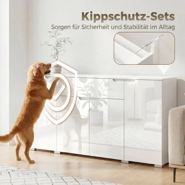 Hoogglans Dressoir, Moderne Commode Met 4 Deuren En Verstelbare Planken, Soft close Functie, Wit