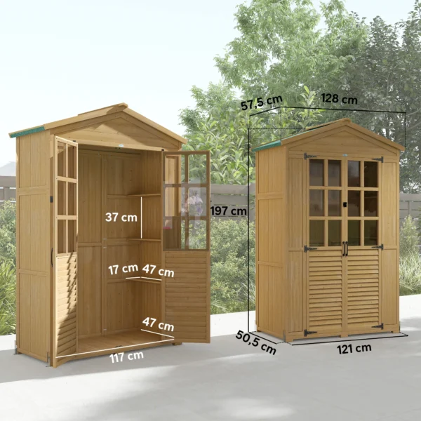 Houten Tuinkast Gereedschapsschuur Met Plank, Acrylramen, Afsluitbare Deur, Bodemplaat, Asfaltdak, Ventilatiepaneel