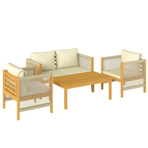 Houten Tuinmeubelset Zitgroep Voor 4 Personen Met 2 zits Sofa, 2 Stoelen, Tafel, Touwvlechtwerk, Lamellendesign, Wasbare Kussens