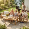 Houten Tuinmeubelset Zitgroep Voor 4 Personen Met 2 zits Sofa, 2 Stoelen, Tafel, Touwvlechtwerk, Lamellendesign, Wasbare Kussens