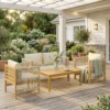 Houten Tuinmeubelset Zitgroep Voor 4 Personen Met 2 zits Sofa, 2 Stoelen, Tafel, Touwvlechtwerk, Lamellendesign, Wasbare Kussens