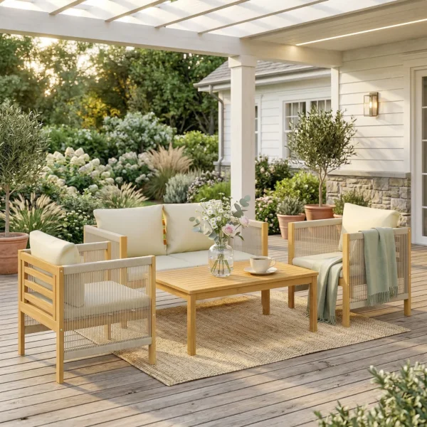 Houten Tuinmeubelset Zitgroep Voor 4 Personen Met 2 zits Sofa, 2 Stoelen, Tafel, Touwvlechtwerk, Lamellendesign, Wasbare Kussens