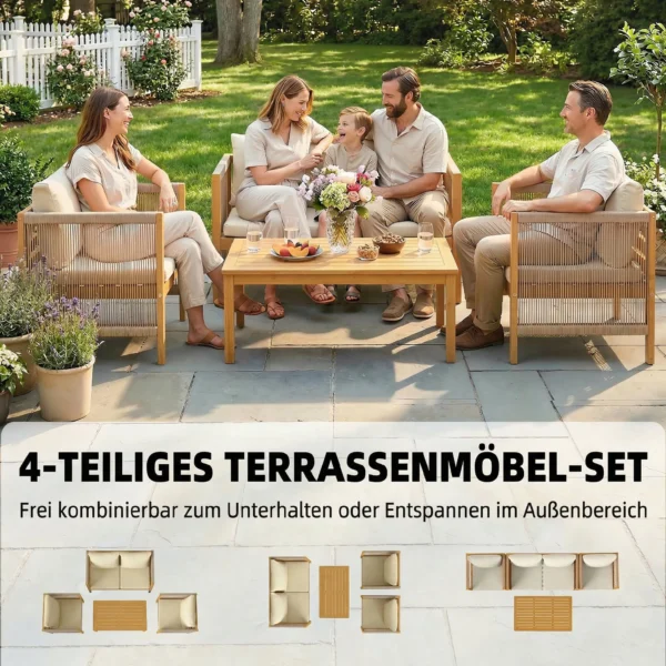 Houten Tuinmeubelset Zitgroep Voor 4 Personen Met 2 zits Sofa, 2 Stoelen, Tafel, Touwvlechtwerk, Lamellendesign, Wasbare Kussens