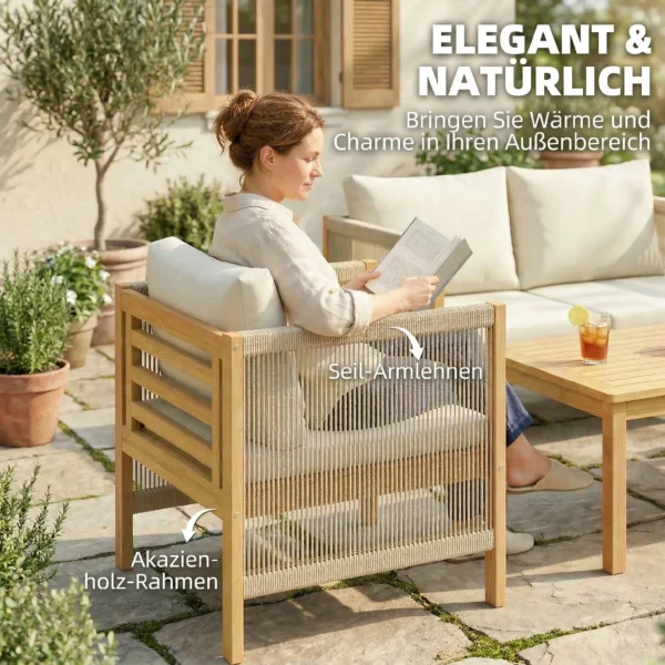 Houten Tuinmeubelset Zitgroep Voor 4 Personen Met 2 zits Sofa, 2 Stoelen, Tafel, Touwvlechtwerk, Lamellendesign, Wasbare Kussens