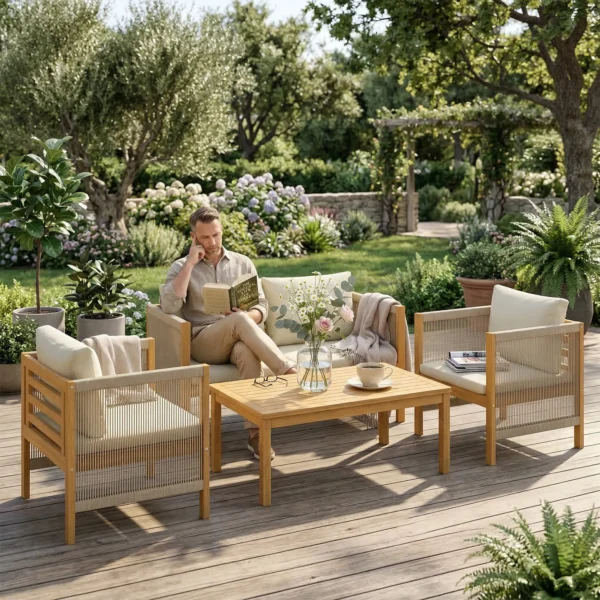 Houten Tuinmeubelset Zitgroep Voor 4 Personen Met 2 zits Sofa, 2 Stoelen, Tafel, Touwvlechtwerk, Lamellendesign, Wasbare Kussens
