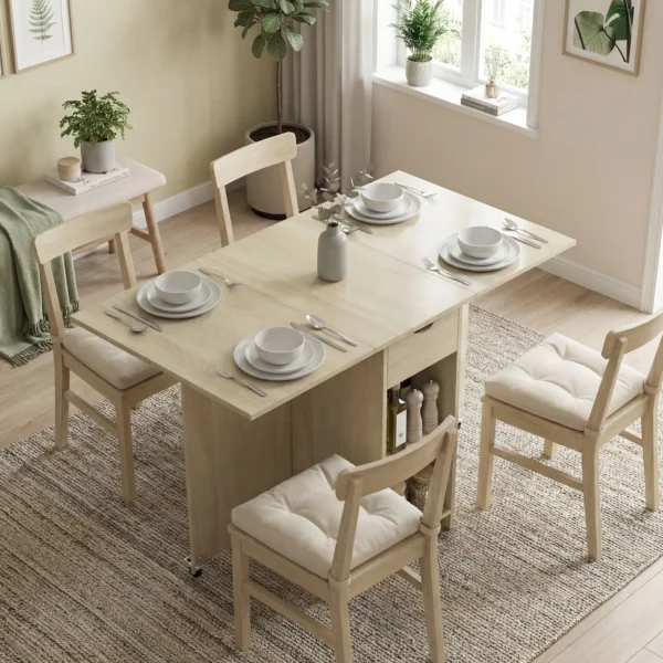 Inklapbare Eettafel Voor 2 4 Personen, Rolbare Tafel Met Open Vak En Lade, Ideaal Voor Kleine Ruimtes, Natuur
