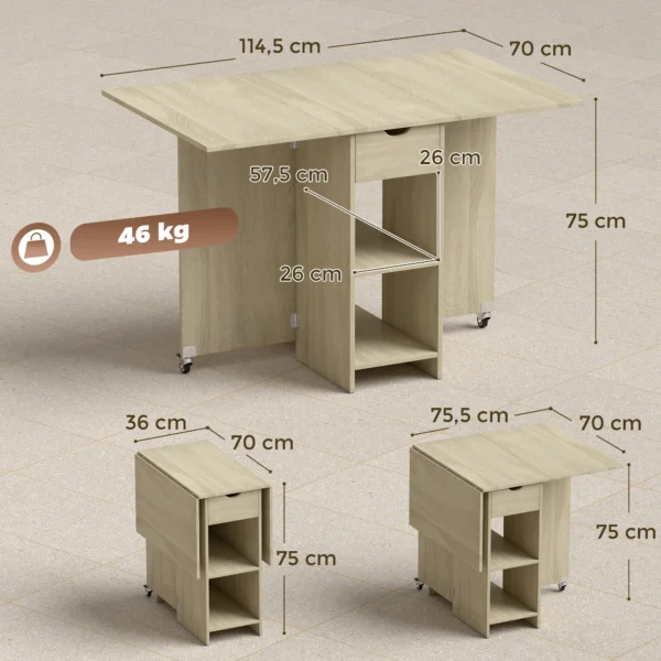 Inklapbare Eettafel Voor 2 4 Personen, Rolbare Tafel Met Open Vak En Lade, Ideaal Voor Kleine Ruimtes, Natuur