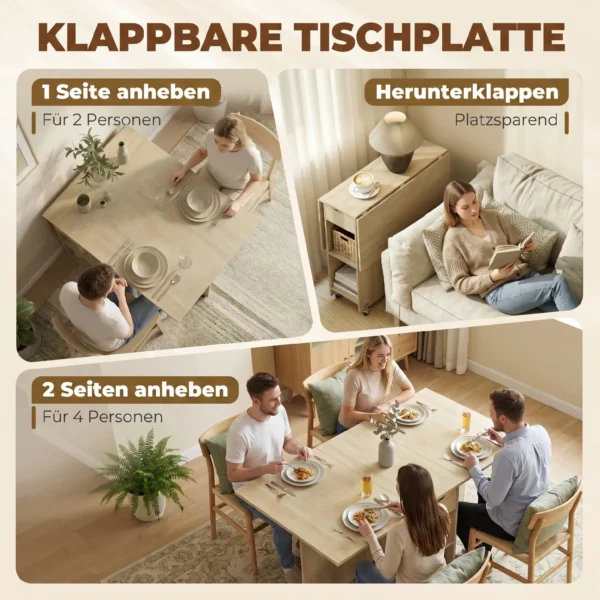 Inklapbare Eettafel Voor 2 4 Personen, Rolbare Tafel Met Open Vak En Lade, Ideaal Voor Kleine Ruimtes, Natuur