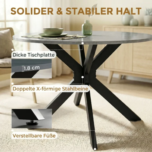 Inklapbare Eettafel Voor 2 6 Personen, Ronde Klaptafel Met Dubbel X Stalen Frame, Dik Tafelblad, Cementgrijs