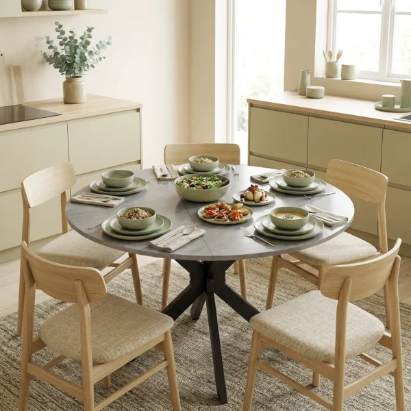Inklapbare Eettafel Voor 2 6 Personen, Ronde Klaptafel Met Dubbel X Stalen Frame, Dik Tafelblad, Cementgrijs