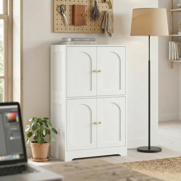 Keukenkast, Hoge Kast Met 2 Verstelbare Planken, Keukenbuffet Met 4 Gebogen Deuren 60 X 30 X 110 Cm, Wit
