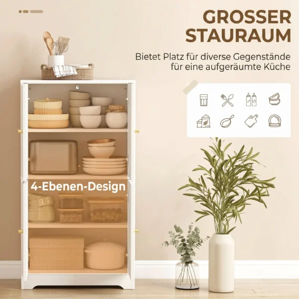 Keukenkast, Hoge Kast Met 2 Verstelbare Planken, Keukenbuffet Met 4 Gebogen Deuren 60 X 30 X 110 Cm, Wit