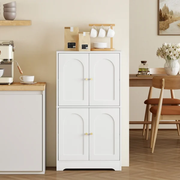 Keukenkast, Hoge Kast Met 2 Verstelbare Planken, Keukenbuffet Met 4 Gebogen Deuren 60 X 30 X 110 Cm, Wit