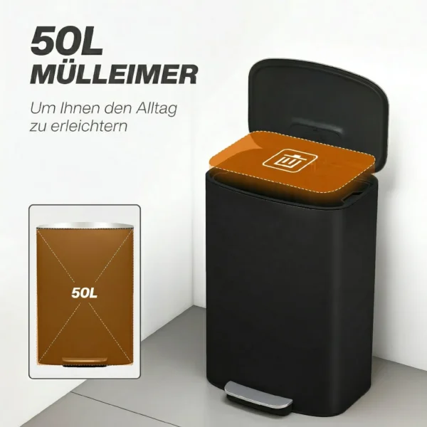Keukenvuilnisbak 50 Liter Met Blijf Open Functie, Soft Close Deksel, Pedaal, Zwart
