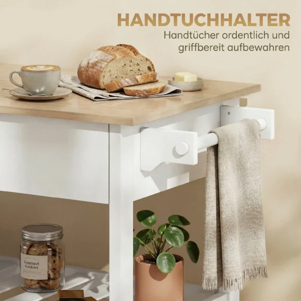 Keukenwagen Met Opbergruimte, Rollende Keukeneiland Met Groot Werkblad, Lade, 2 Open Rekken, Handdoekhouder, Wit