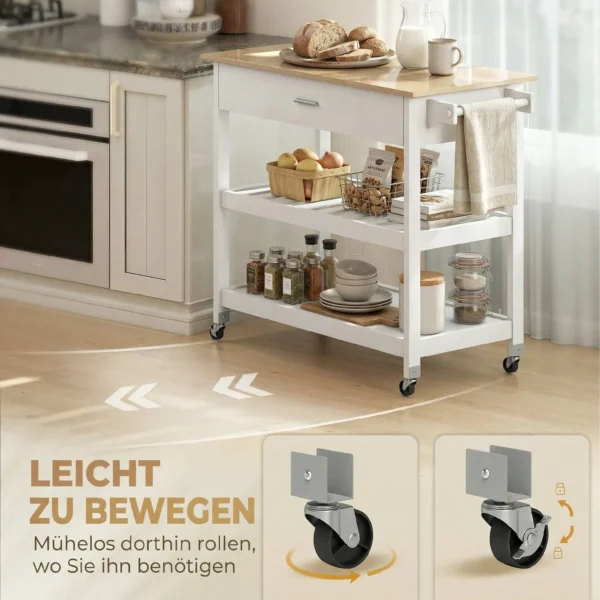 Keukenwagen Met Opbergruimte, Rollende Keukeneiland Met Groot Werkblad, Lade, 2 Open Rekken, Handdoekhouder, Wit
