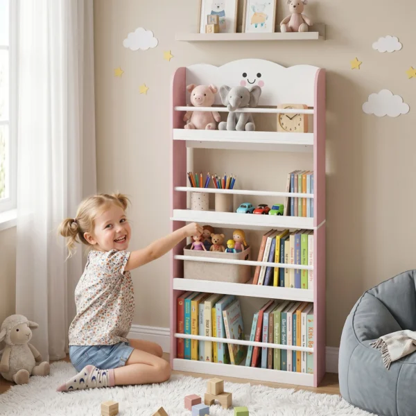 Kinderboekenkast Met 4 Planken, Wandgemonteerd Boekenrek Voor Kinderkamer, Speelkamer, Woonkamer, Roze