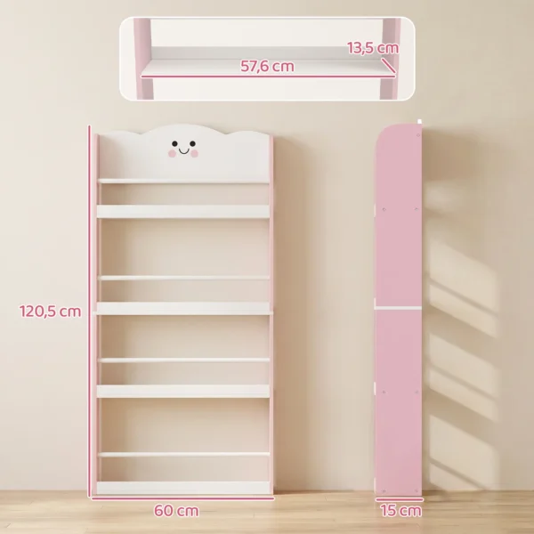 Kinderboekenkast Met 4 Planken, Wandgemonteerd Boekenrek Voor Kinderkamer, Speelkamer, Woonkamer, Roze