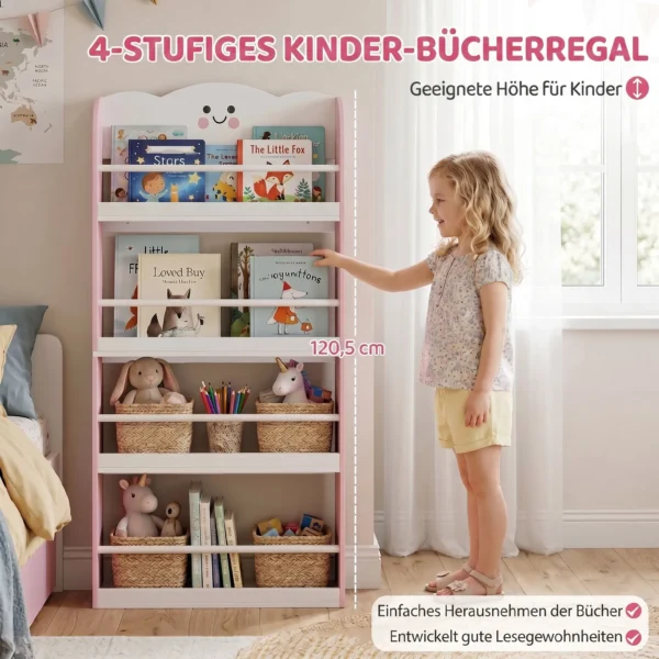 Kinderboekenkast Met 4 Planken, Wandgemonteerd Boekenrek Voor Kinderkamer, Speelkamer, Woonkamer, Roze