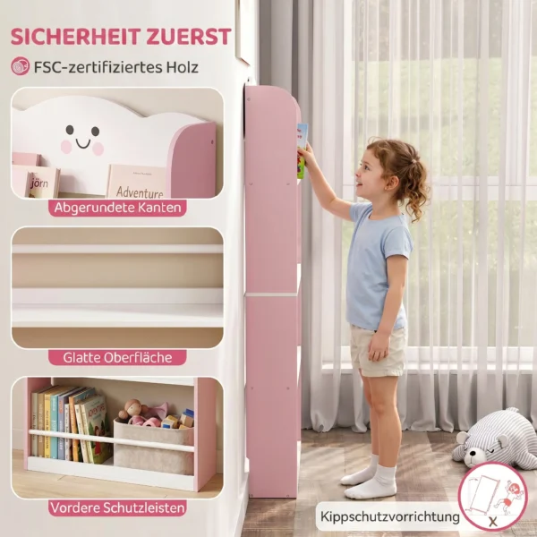 Kinderboekenkast Met 4 Planken, Wandgemonteerd Boekenrek Voor Kinderkamer, Speelkamer, Woonkamer, Roze