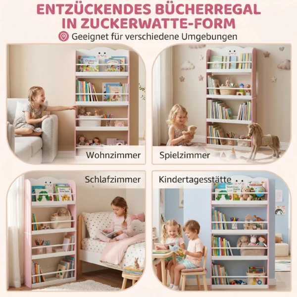 Kinderboekenkast Met 4 Planken, Wandgemonteerd Boekenrek Voor Kinderkamer, Speelkamer, Woonkamer, Roze