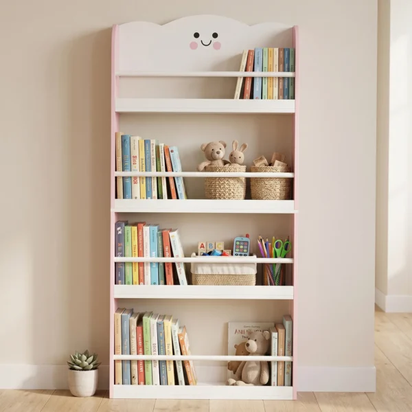 Kinderboekenkast Met 4 Planken, Wandgemonteerd Boekenrek Voor Kinderkamer, Speelkamer, Woonkamer, Roze