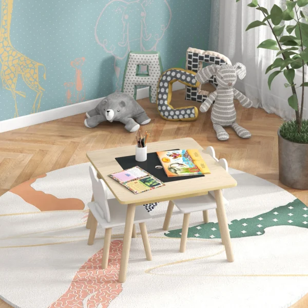 Kindertafel Met 2 Stoelen, Kinderzitgroep Met Opbergruimte Beer vormige Rugleuning Voor 3 6 Jaar Oude Kinderen, Natuurhout