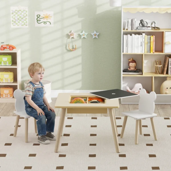 Kindertafel Met 2 Stoelen, Kinderzitgroep Met Opbergruimte Beer vormige Rugleuning Voor 3 6 Jaar Oude Kinderen, Natuurhout