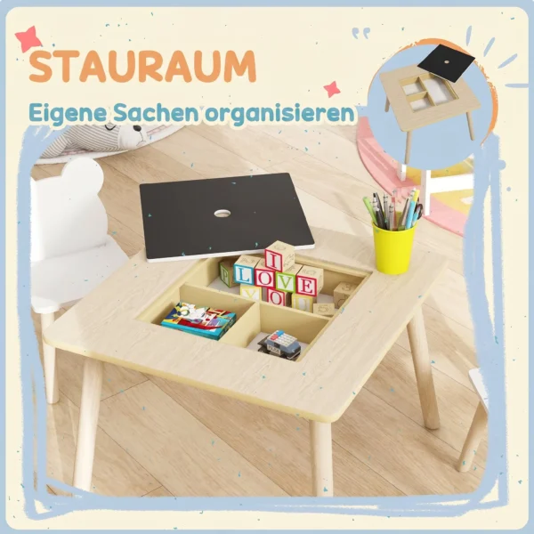 Kindertafel Met 2 Stoelen, Kinderzitgroep Met Opbergruimte Beer vormige Rugleuning Voor 3 6 Jaar Oude Kinderen, Natuurhout
