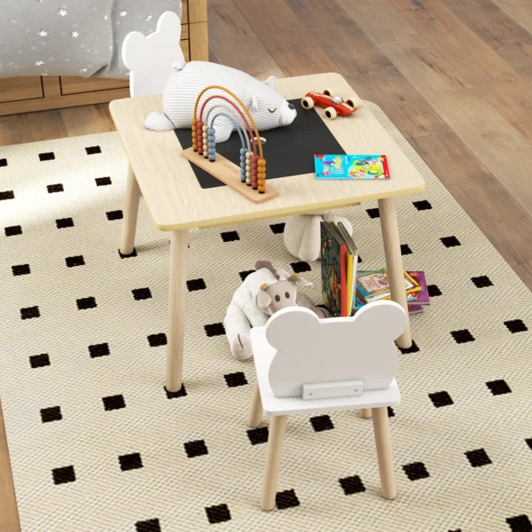 Kindertafel Met 2 Stoelen, Kinderzitgroep Met Opbergruimte Beer vormige Rugleuning Voor 3 6 Jaar Oude Kinderen, Natuurhout