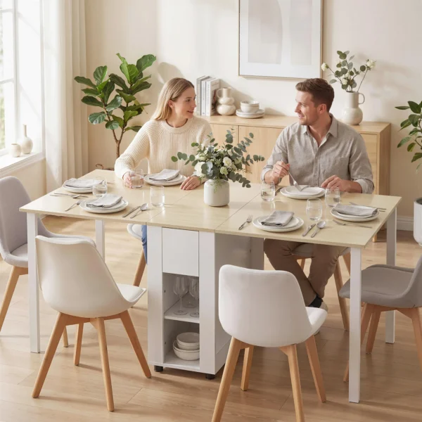 Klaptafel Voor 6 Personen, 168 Cm Grote Uitschuifbare Eettafel Met 2 Lades & 4 Opbergvakken