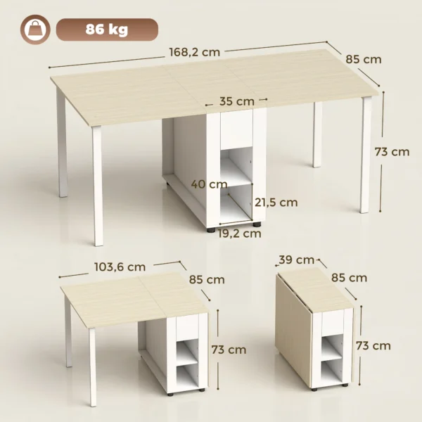 Klaptafel Voor 6 Personen, 168 Cm Grote Uitschuifbare Eettafel Met 2 Lades & 4 Opbergvakken