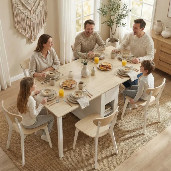 Klaptafel Voor 6 Personen, 168 Cm Grote Uitschuifbare Eettafel Met 2 Lades & 4 Opbergvakken