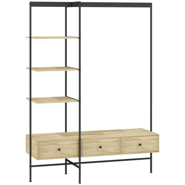 Kledingrek Met Planken, Lades En Kledingstang, 180 Cm Vrijstaand Kledingrek In Moderne Stijl, Metalen Frame, Eiken