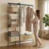 Kledingrek Met Planken, Lades En Kledingstang, 180 Cm Vrijstaand Kledingrek In Moderne Stijl, Metalen Frame, Eiken