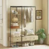 Kledingrek Met Planken, Lades En Kledingstang, 180 Cm Vrijstaand Kledingrek In Moderne Stijl, Metalen Frame, Eiken