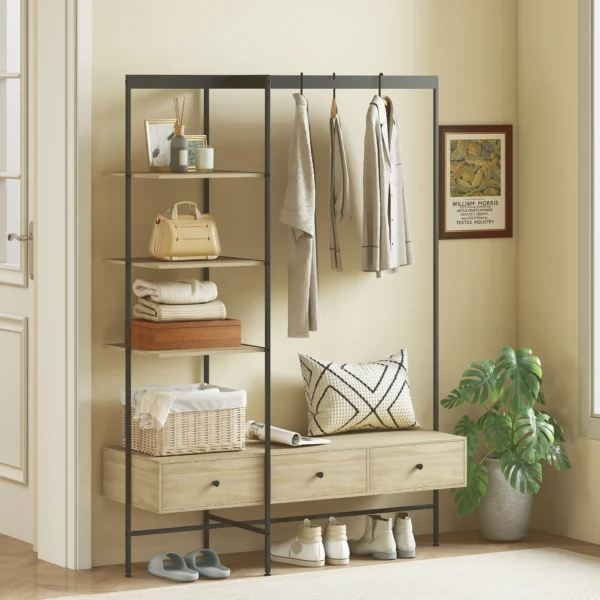 Kledingrek Met Planken, Lades En Kledingstang, 180 Cm Vrijstaand Kledingrek In Moderne Stijl, Metalen Frame, Eiken