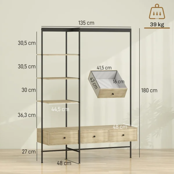 Kledingrek Met Planken, Lades En Kledingstang, 180 Cm Vrijstaand Kledingrek In Moderne Stijl, Metalen Frame, Eiken