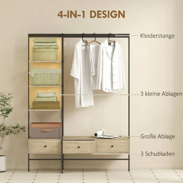 Kledingrek Met Planken, Lades En Kledingstang, 180 Cm Vrijstaand Kledingrek In Moderne Stijl, Metalen Frame, Eiken