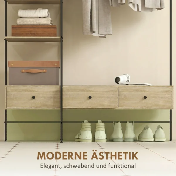 Kledingrek Met Planken, Lades En Kledingstang, 180 Cm Vrijstaand Kledingrek In Moderne Stijl, Metalen Frame, Eiken