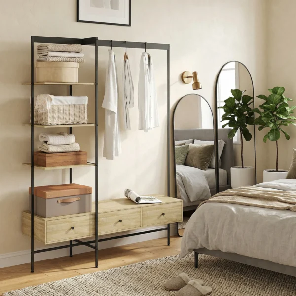 Kledingrek Met Planken, Lades En Kledingstang, 180 Cm Vrijstaand Kledingrek In Moderne Stijl, Metalen Frame, Eiken