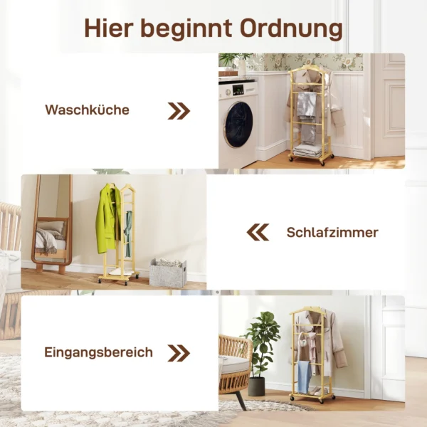 Kledingrek Op Wielen, Garderoberek Met Dubbele Stangen Van Bamboe, Schoenenrek, Dienblad, Broekhouder
